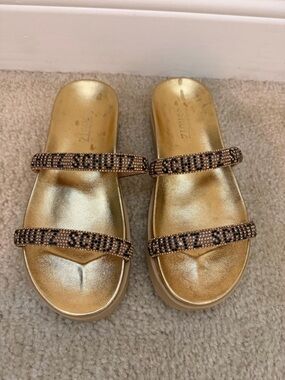 Schutz Gold Slide Sandals with Embellished Straps - Women